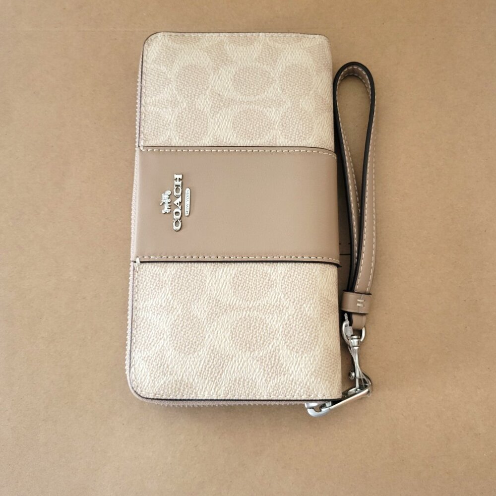 Coach CW947 Long Zip Around Wallet Signature Stripe Clutch Wristlet Sand Taupe - Picture 5 of 5